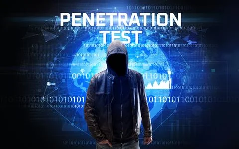 Faceless hacker at work, security concept 스톡 사진