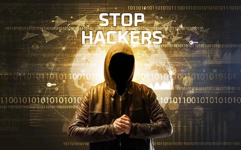 Faceless hacker at work, security concept Stock Photos