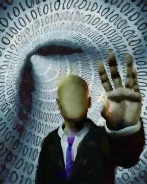Faceless man in tunnel of binary code Surreal painting. Faceless man in su... Stock Photos