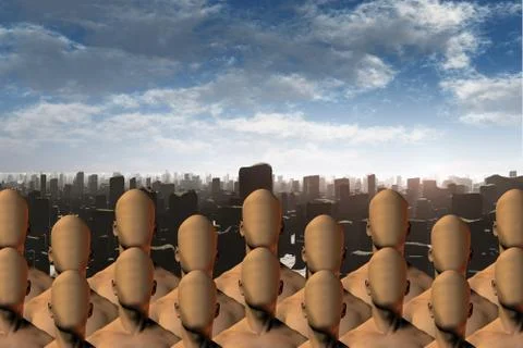 Faceless masses before ruins Stock Illustration