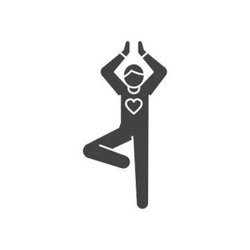 Faceless person stands in tree pose vrikshasana black glyph icon. Yoga pose.  Stock Illustration