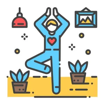 Faceless person stands in tree pose vrikshasana color line icon. Yoga pose. A Stock Illustration