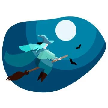 Faceless witch flying on the broom in the moonlight Stock Illustration
