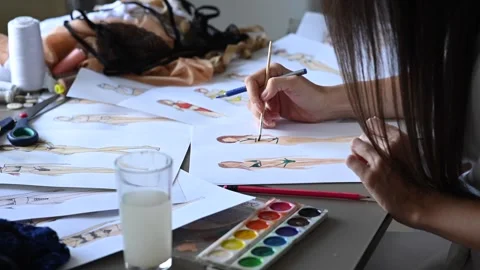Faceless Woman Draws Underwear Sketches Close Fashion Designers