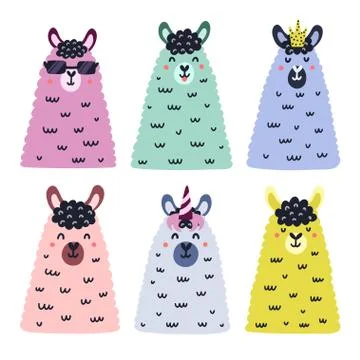 Faces of cute alpacas collection. Hand drawn llamas in scandinavian style Stock Illustration