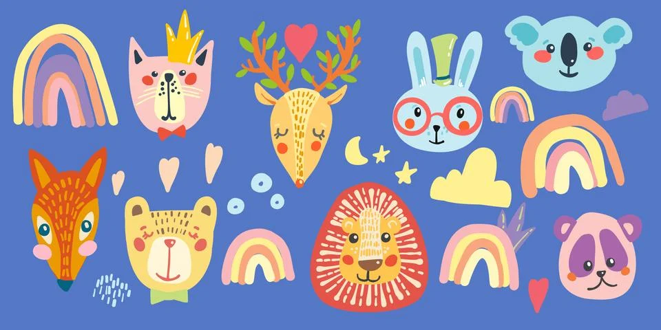 Faces of cute animals. Vector cartoon illustrations Stock Illustration