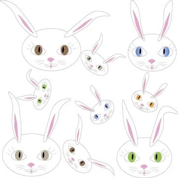 The faces of cute Easter bunnies with colorful eyes and pink ears. The conc.. イラスト素材