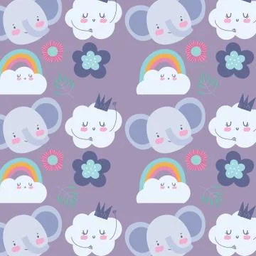 Faces elephant flowers rainbow cloud cartoon cute animals characters background Stock Illustration