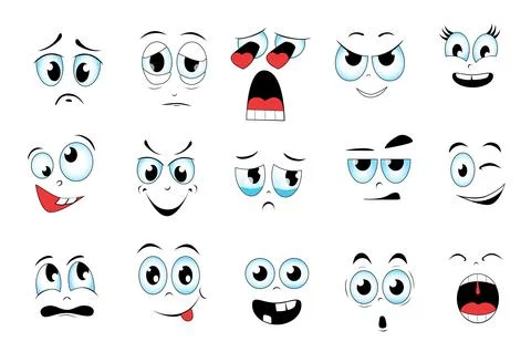 Faces expressing different emotions set graphic elements in flat design. Bund Stock Illustration