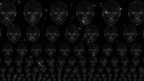 Faces. Flying polygonal faces in perspective. Video art for shows and concerts Stock Footage 158892758