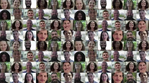 Faces of happy Caucasian, Latin, African American people Stock Footage