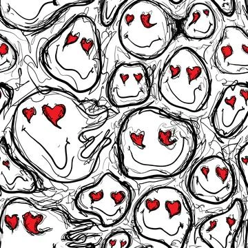 Faces with hearts in a playful pattern on a white background made with simp.. Stock Illustration