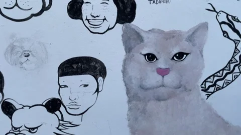 Faces mural artwork painted on white wall public. Art and creative concept Video stock 252160942