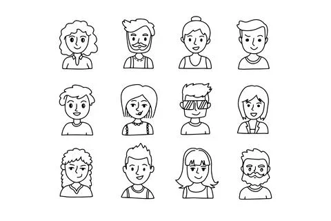 Faces outline doodle people set. Human Avatars Collection. Drawing Old and young Stock Illustration