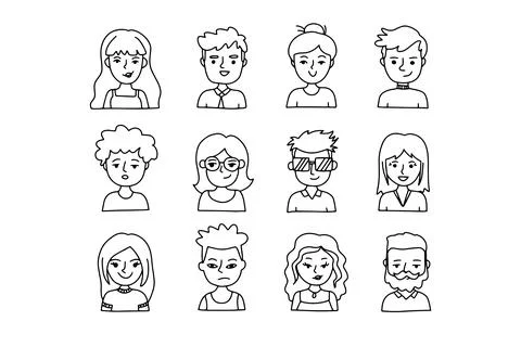 Faces outline doodle people set. Human Avatars Collection. Drawing Old and young Stock Illustration