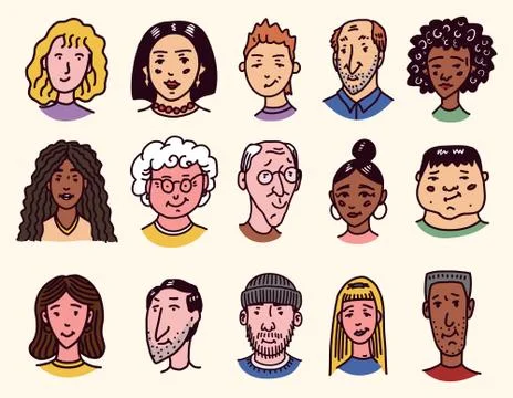 Faces of people. Character set. Human Avatars Collection. Old and young age Stock Illustration