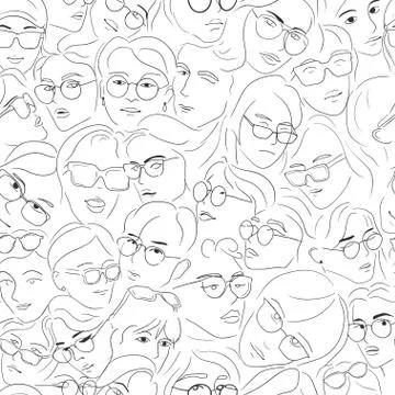 Faces of people in glasses - seamless pattern background. Hand drawn line sketch Stock Illustration
