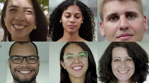 Faces of relaxed cheerful people looking at camera Video stock 114573502