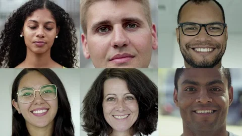 Faces of smiling happy people looking at camera Video stock 114573460