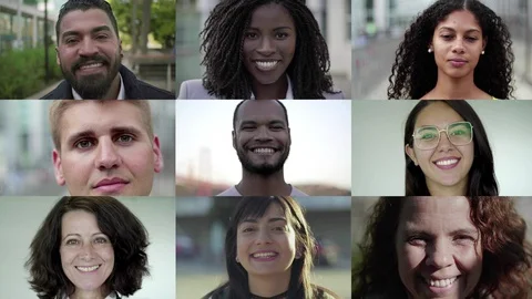 Faces of smiling multiethnic people looking at camera Video stock 114572289