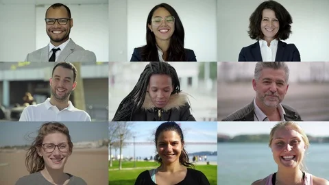 Faces of smiling multiracial people looking at camera Video stock 114566918