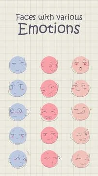 Faces with various Emotions. Doodle various positive emotions. Stock Illustration
