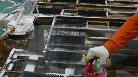 Facet glass.Glass processing diamond wheel.Factory auto glass. Stock Footage 121873556