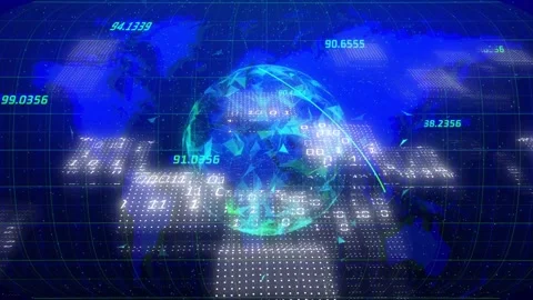 Faceted globe pulsing rotating while incoming arcs firing dot panels updating Stock Footage 332704312