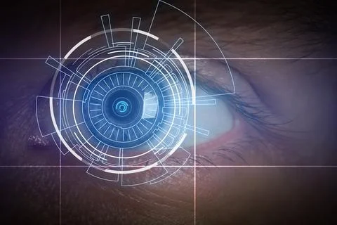 Facial and iris recognition. Man with digital biometric scan, closeup Foto stock