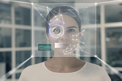 Facial and iris recognition system. Woman undergoing biometric verification.. Stock Photos
