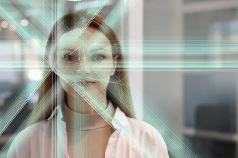 Facial and iris recognition system. Woman undergoing biometric verification.. Stock Photos