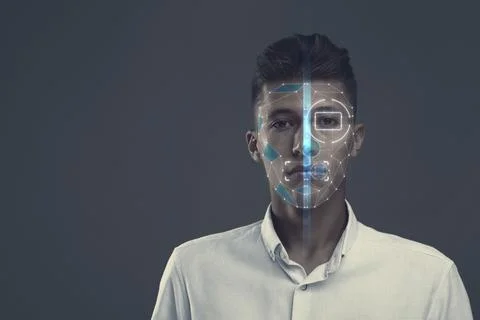 Facial and iris recognition system. Man undergoing biometric verification o.. Stock Photos