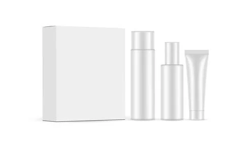 Facial Care Packaging Set. Box, Tube, Bottles, Isolated on White Background Stock Illustration