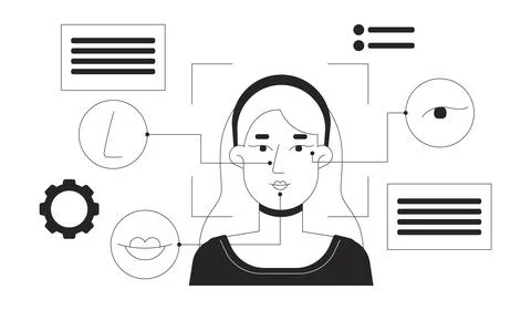 Facial coding technology black and white 2D illustration concept Stock Illustration
