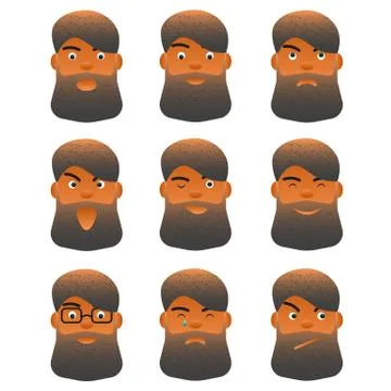 Facial expression set young cartoon bearded man, different facial character m Stock Illustration