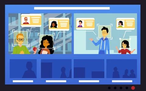 Facial identification technology interface on screen with cartoon people Stock Illustration