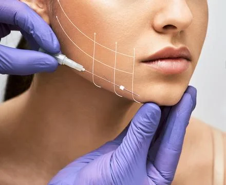 Facial lifting thread. Thread facelift with arrows on face for woman's skin,  Foto stock