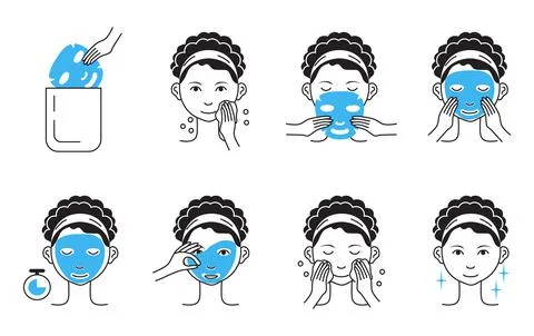 Facial mask sheet applying steps vector. Girl shows steps descriptions how to Stock-Illustration