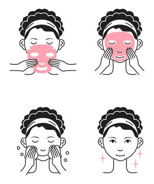 Facial mask sheet applying steps vector. Girl shows steps descriptions how to 스톡 일러스트