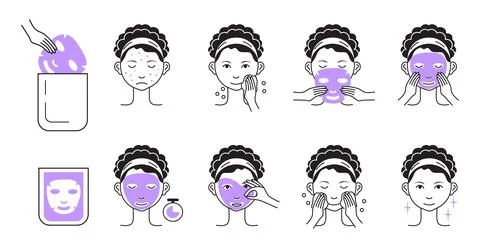 Facial mask sheet applying steps vector. Girl shows steps descriptions how to Stock-Illustration