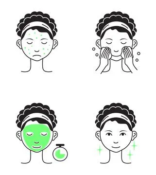 Facial mask sheet applying steps vector. Girl shows steps descriptions how to Illustrazione stock