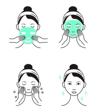 Facial mask sheet applying vector. Girl shows steps how to cleaning, whiting Illustrazione stock