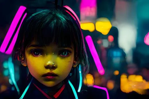 Facial portrait of small caucasian girl in neon light night street, neural Stock Illustration
