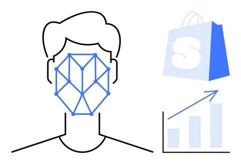 Facial Recognition and E-commerce Growth Concept with Shopping Bag and Graph Stock Illustration