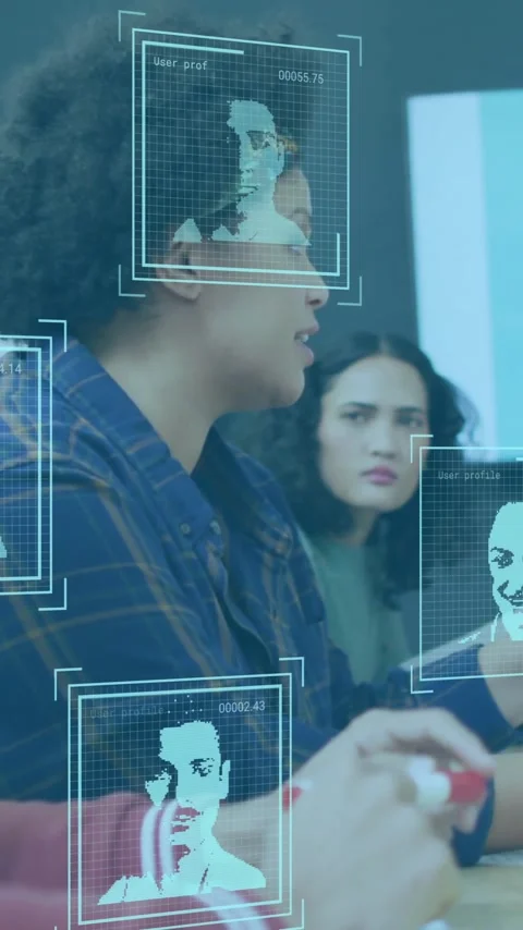 Facial recognition animation over diverse business team discussing in meeting Stock Footage 320093769
