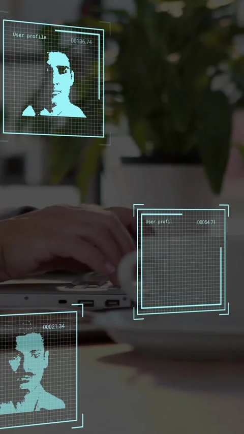 Facial recognition animation over person typing on laptop in office Stock Footage 342010669