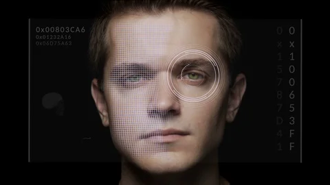 Facial recognition augmented reality concept. Caucasian male close up. Stock Footage 99777664