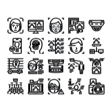 Facial recognition biometric identification technology security icons set Stock Illustration
