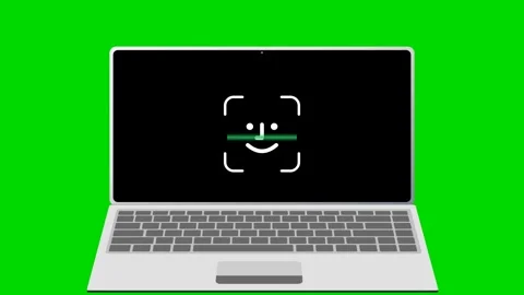 Facial recognition biometric scan on laptop over green screen. 4K Stock Footage 340882899