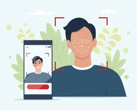Facial recognition concept. Man face scans on smartphone. Stock Illustration